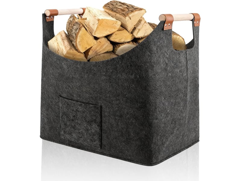  Grand panier à bois pliable , gris foncé – poignées en bois renforcées, pour cheminée et transport de bûches-45 x 32 x 40 cm  - Conforama A