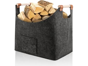 Grand panier à bois pliable , gris foncé – poignées en bois renforcées, pour cheminée et transport de bûches-45 x 32 x 40 cm