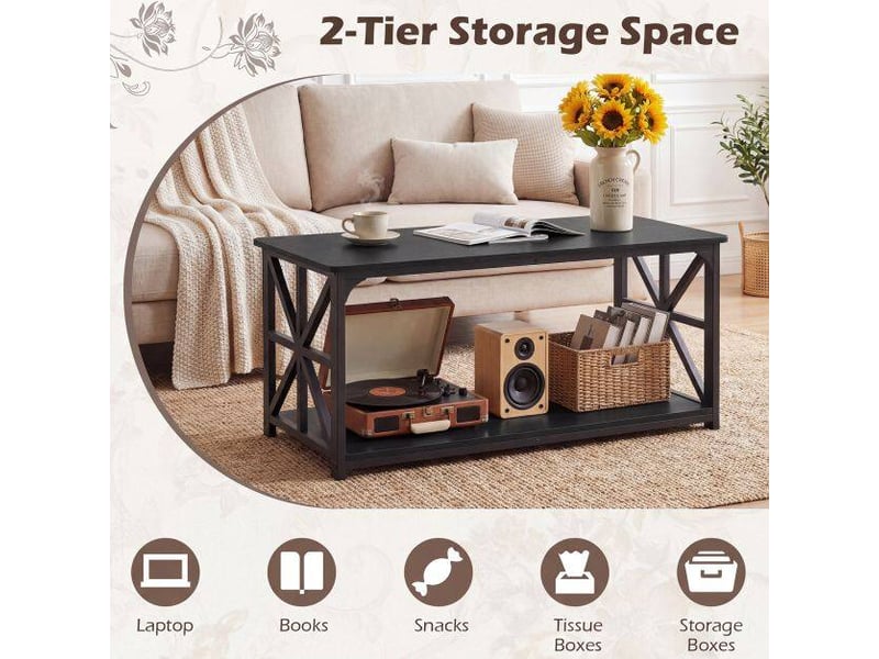  Table basse avec rangement étagère ouverte structure métal en x 109x50x48cm noir pour salon et appartement  - Conforama D