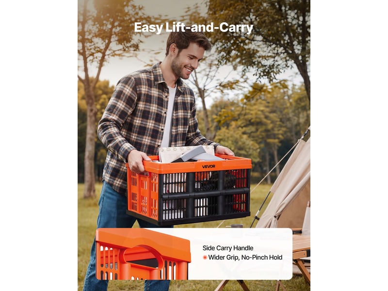  Vevor caisse plastique pliable 45 l lot de 6, cagette pliable avec poignees, charge max. 15 kg par caisse, bac de rangement empilable pour maison, voiture, camping et courses, en pp, orange et noir  - Conforama E