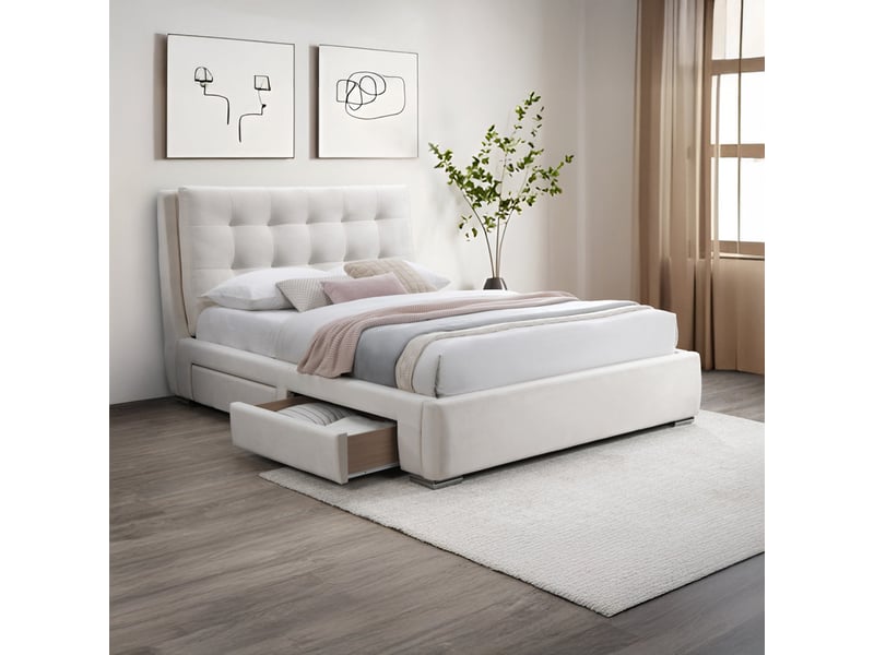  Lit double en tissu blanc écru avec 2 tiroirs 180x200 cm  - Conforama B