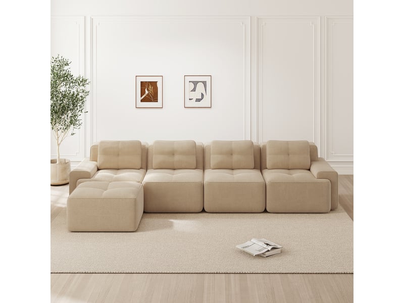  Canapé d'angle, canapé modulable, base antidérapante, sans cadre, sans montage, avec méridienne, en velours tricoté, 4 places, style cloud, beige  - Conforama R