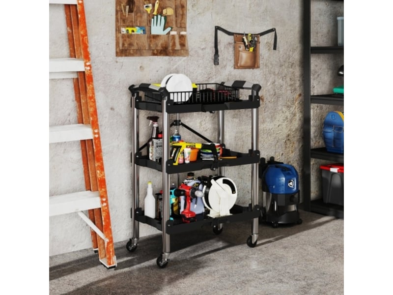  Servante d’atelier pliable noire à 3 niveaux avec poignée, chariot mobile pour garage, charge max. 68 kg  - Conforama D