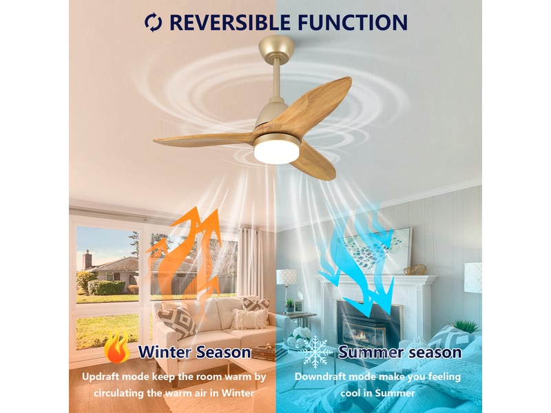  Ventilateur de plafond avec éclairage led dimmable et moteur dc réversible - en bois massif chêne doré 36 pouces  - Conforama C
