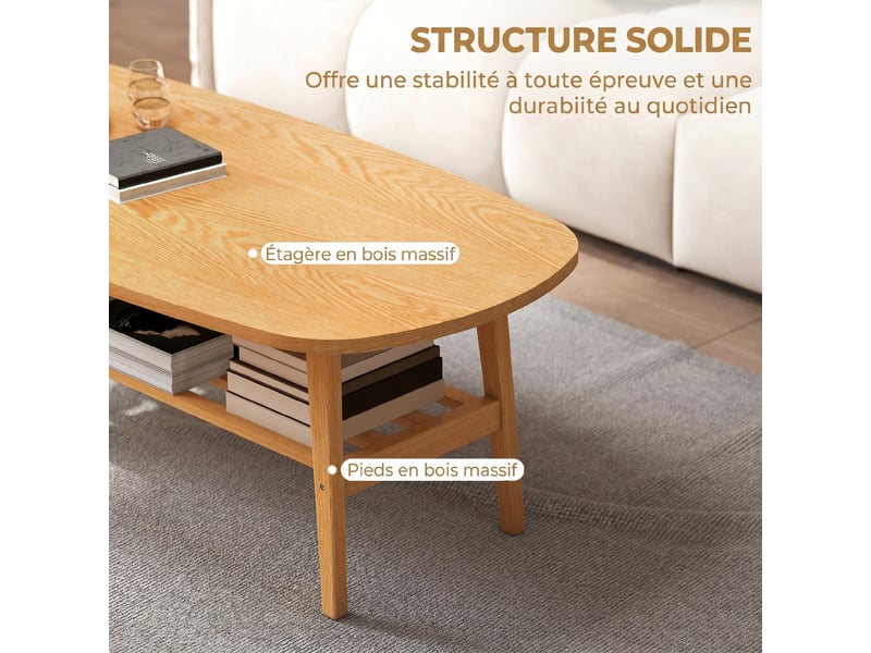  Table basse à 2 niveaux, bois naturel, table de salon moderne avec étagère inférieure ouverte et pieds en bois d'hévéa  - Conforama E