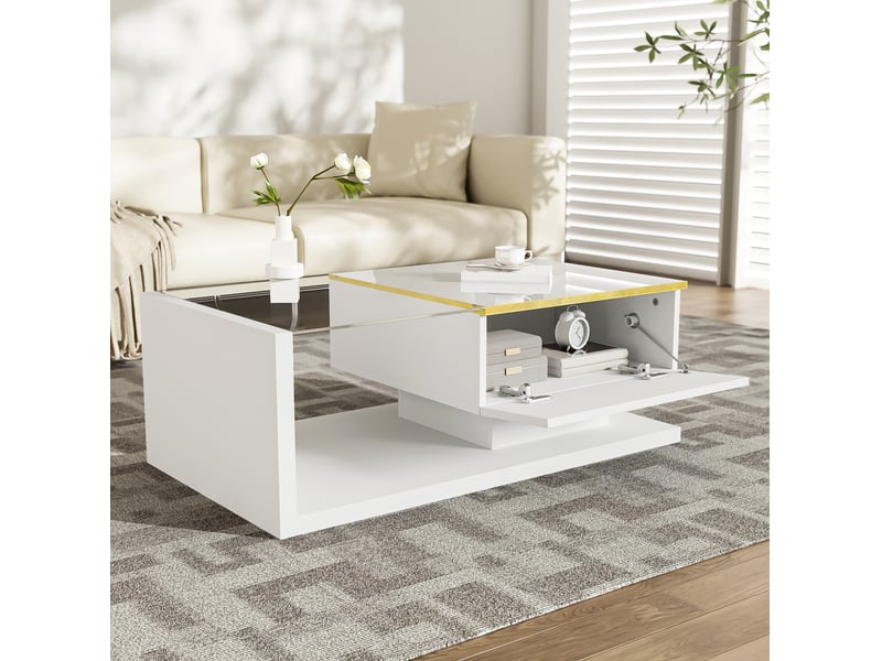  Table basse avec 1 compartiment et étagères ouvertes, led 16 couleurs, pour salon, 90 × 50 × 32,5 cm, blanc  - Conforama C