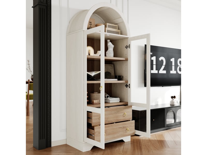 Buffet haut,76,2x40,1x180 cm,portes vitrées et tiroirs,blanc - Conforama E