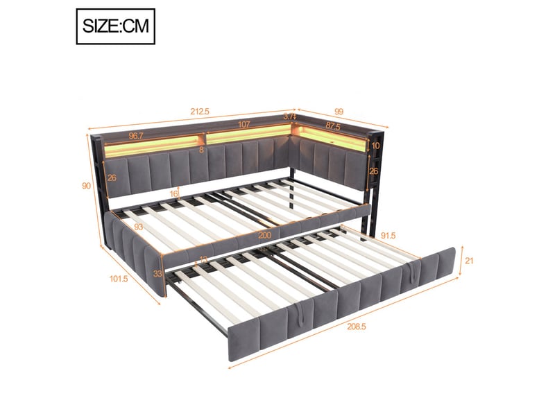  Lit rembourré 90 x 200 cm avec lit gigogne, led, rangements tête et pied, ports usbusb-c, velours gris foncé  - Conforama C