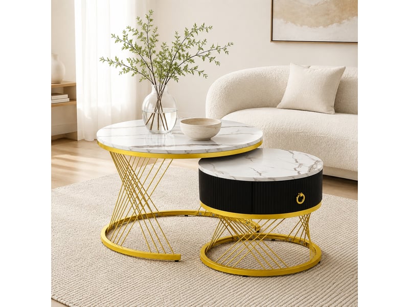  Lot de 2 tables basses gigognes avec tiroir, effet marbre blanc et doré  - Conforama B