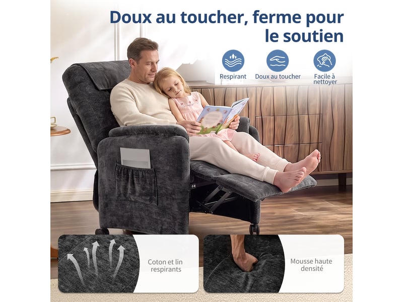  Fauteuil de massage électrique, fauteuil détente pour télévision avec fonction massage et chaleur, 4 roues, gris foncé  - Conforama R
