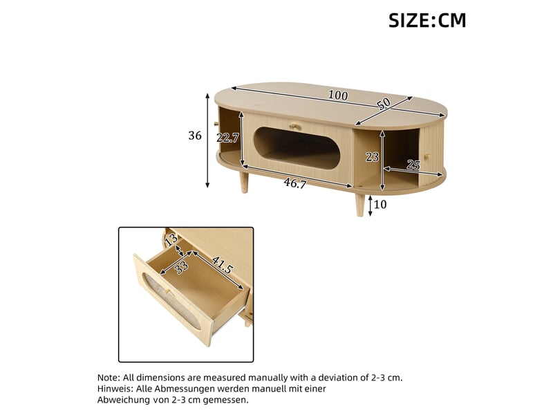  Table basse de salon 100x50x36 cm, 1 tiroir, table d'appoint porte coulissante, en mdf, bois clair  - Conforama C