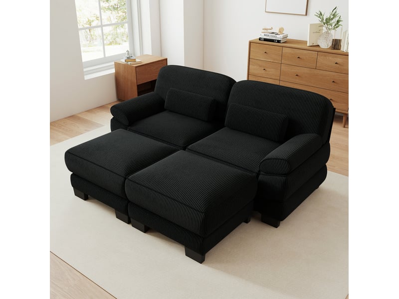  Canapé modulable modenvie 2 places avec 2 poufs en velours côtelé noir  - Conforama B