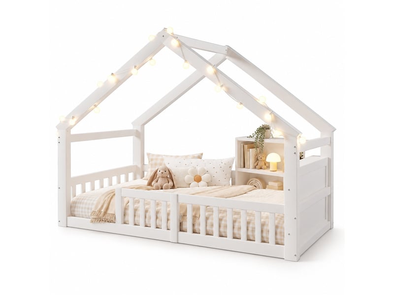 Lit cabane enfant 90 x 190 cm en pin avec guirlande led, barrières et étagères latérales de rangement, gain de place, blanc - Conforama A