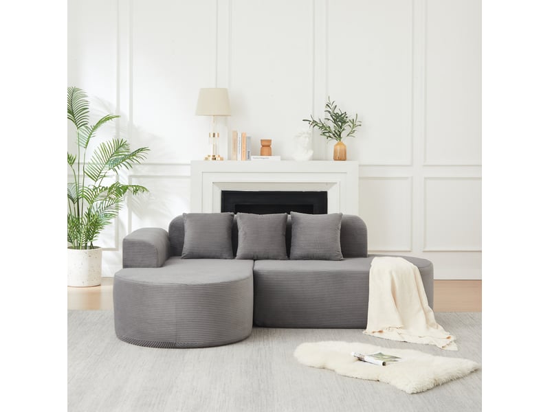  Canapé d'angle tcqpz modulable 4 places 220 x 155 cm avec méridienne velours côtelé gris  - Conforama E