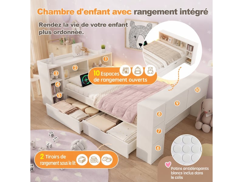  Lit une place 90x200 cm avec deux tiroirs de rangement et bureau escamotable blanc  - Conforama D
