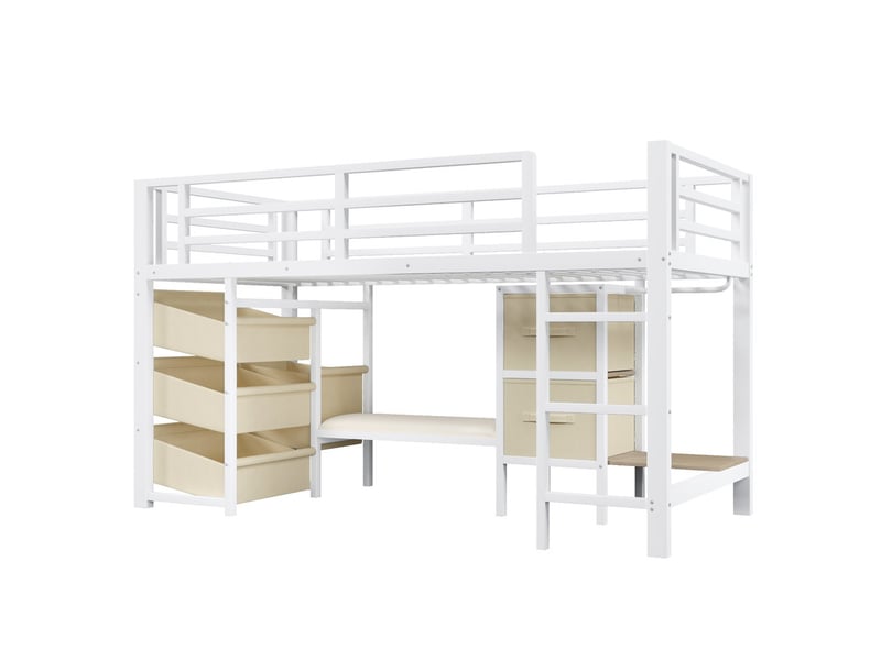  Lit mezzanine,90 x 200 cm,avec coussin d'assise, tiroir de rangement en tissu, pochette de rangement en tissu, éclairage led,blanc  - Conforama A