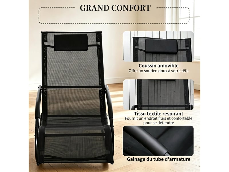  Chaise à bascule moderne, fauteuil relax ergonomique en métal galvanisé et textilène, noir, charge maximale 160 kg  - Conforama W