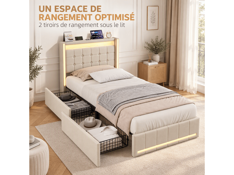  Lit simple 90 x 200 cm avec 2 tiroirs de rangement, lit enfant avec éclairage led et ports usb-c, lit 1 place avec sommier à lattes, lin beige  - Conforama D