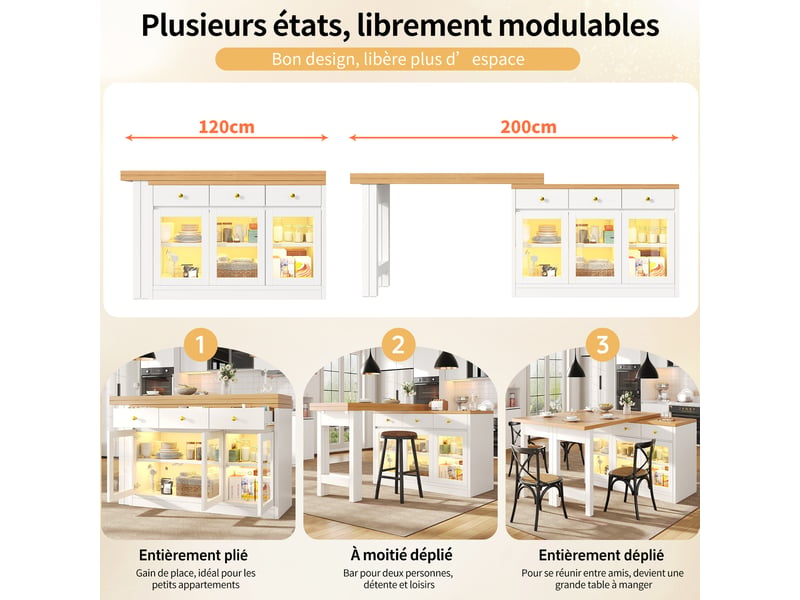  Îlot de cuisine extensible avec 3 tiroirs et 3 portes vitrées, led rgb, pour cuisine et salle à manger, blanc  - Conforama E