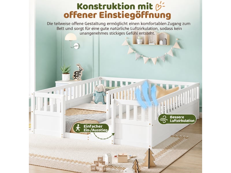 Lit au sol enfant double 90 × 200 cm en bois de pin avec barrières de sécurité semi-fermées - blanc - Conforama D
