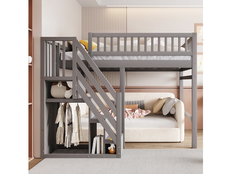  Lit en hauteur, 140x200 cm, couchage en hauteur, avec escalier de rangement, matelas non inclus, bois, coloris gris  - Conforama D