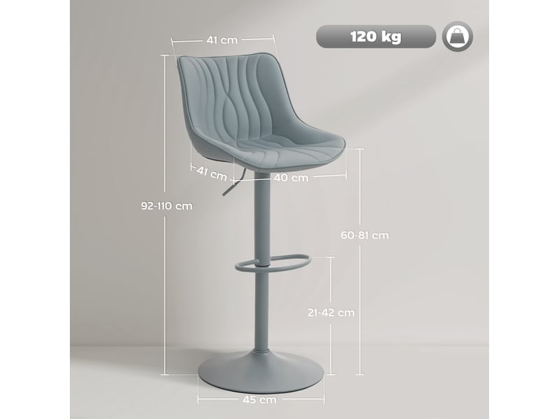  Ensemble de 2 tabourets de bar gris, avec hauteur réglable, dossier, assise en similicuir, structure en acier et repose-pieds.  - Conforama E