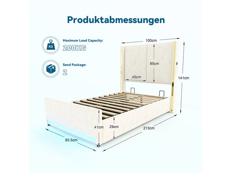  Lit velours 90x200cm tête haute matelassée, poches latérales, usb, led, rangement hydraulique  - Conforama C