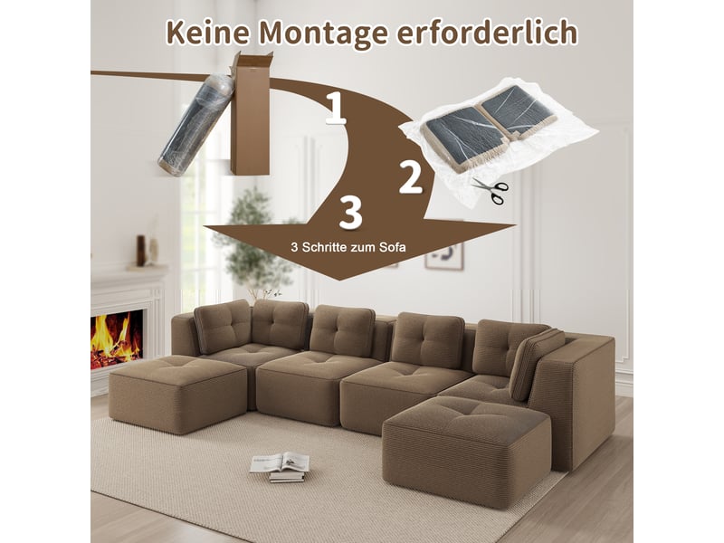 Canapé d'angle, canapé convertible – forme u, sans cadre, avec pouf, marron, sans montage, base antidérapante - Conforama W