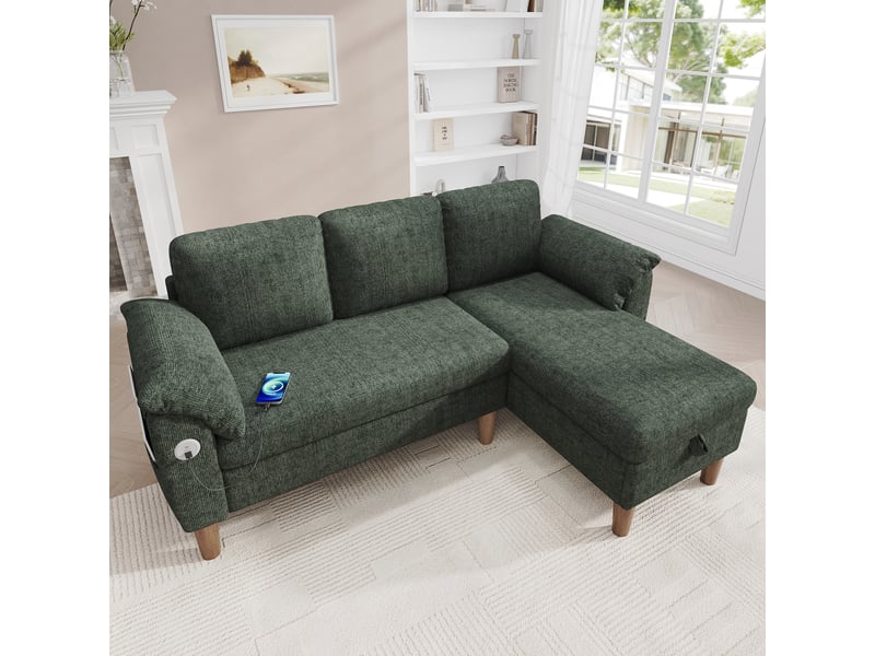 Canapé d'angle convertible 181x125x88 cm avec méridienne réversible coffre de rangement, usbtype-c, poche latérale, chenille - vert Bliss Lite - Conforama B