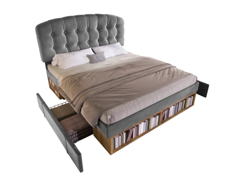  Lit double rembourré 140x190, velours gris, sommier à lattes, tête incurvée réglable, tiroirs, rangement, sans matelas  - Conforama A