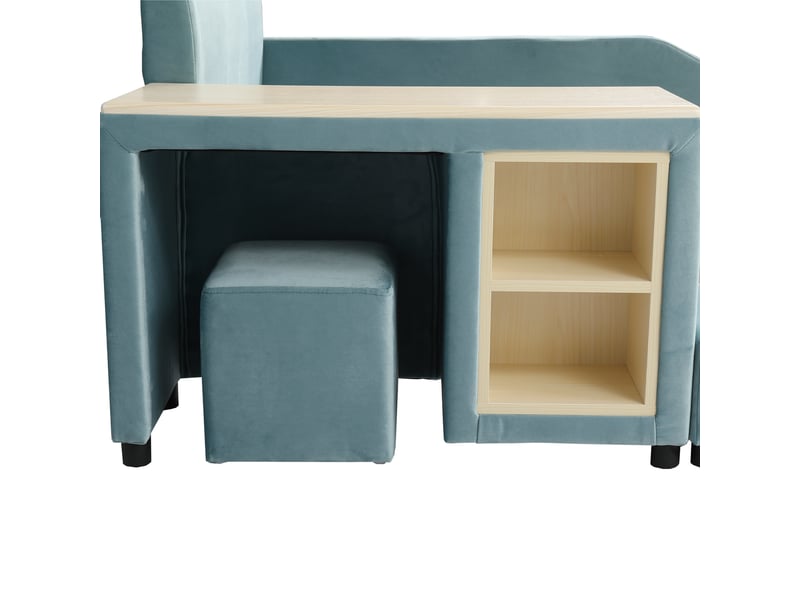  Lit enfant 90x200 cm,  bureau latéral avec étagères et tabouret, tête rembourrée, sommier à lattes,velours,bleu  - Conforama E