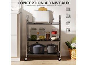 Desserte cuisine, chariot de service à 3 niveaux en acier inoxydable 201 avec poignées, 60 x 35 x 77 cm, roues, argenté