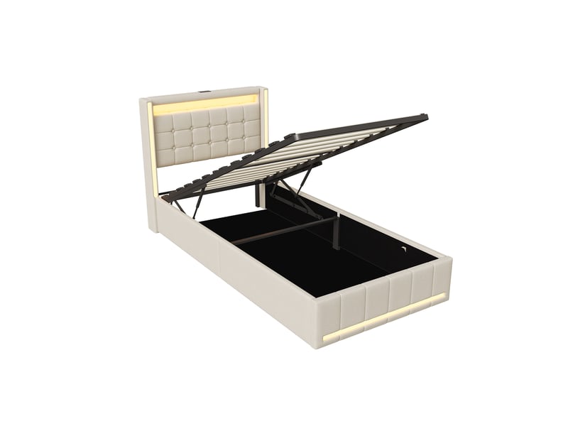  Lit coffre 90x200cm avec led, lit simple, lit rembourré hydraulique avec ports de recharge usb et type-c, lit capitonné avec sommier à lattes, beige  - Conforama R
