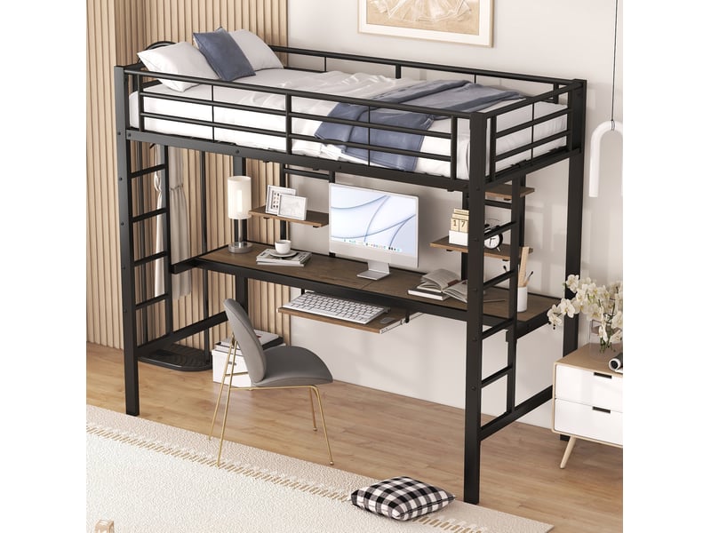  Lit mezzanine 90x200 cm avec bureau et 2 étagères en métal noir  - Conforama C