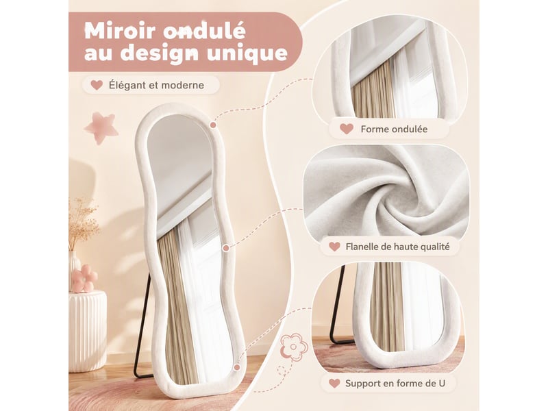 Miroir de sol ondulé 160x50 cm, cadre velours doux style scandinave, pour chambre et salon, avec pied u, verre trempé sécurisé, blanc  - Conforama D