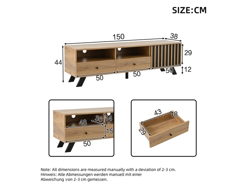  Meuble tv avec 2 tiroirs, 1 porte et 2 niches pour salon 150×38×44 cm en panneaux de particules naturel et noir  - Conforama D