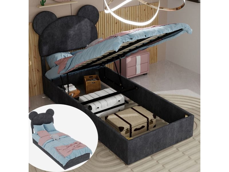  Lit enfant capitonné - 90x200 cm - gris - tête de lit dessin animé - rangement pneumatique 90x200x133cm - Conforama C