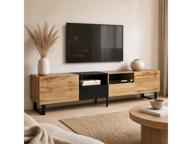 Meuble tv 190 x 38 x 48 cm, 2 portes et 2 tiroirs, mdf noir et bois moderne  - Conforama B
