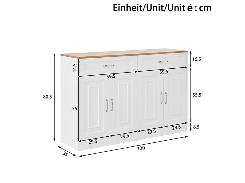  Buffet 4 portes et 2 tiroirs avec étagères réglables pour salle à manger 120×35×80,5 cm blanc et bois  - Conforama E