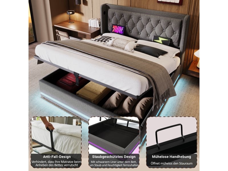  Lit coffre hydraulique 180x200 cm en coton gris avec tête de lit capitonnée, ports usb et type-c, éclairage led sur 3 côtés.  - Conforama D