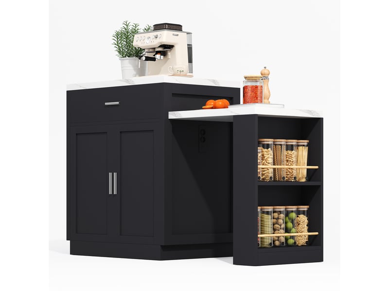 Îlot de cuisine avec table extensible pour 4 à 6 personnes, noir et effet marbre, prises électriques, rangement - Conforama W