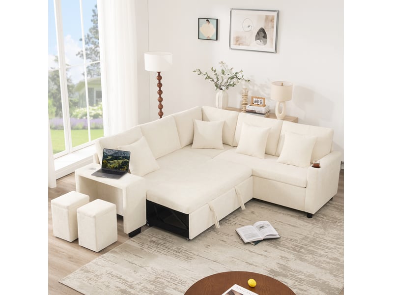  Canapé d'angle convertible 5 places en tissu beige avec rangement, usb et usb-c, idéal pour le salon  - Conforama B
