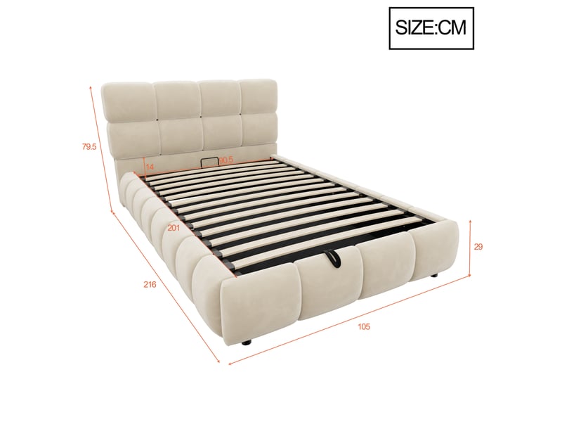  Lit rembourré pour enfant 90 x 200 cm, rangement hydraulique, avec bande lumineuse, velours, beige  - Conforama C