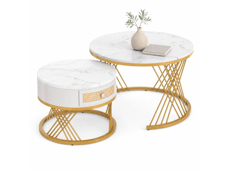Tables basses gigognes avec tiroir en mdf pour salon 70×70×45,5 et 50×50×38,5 cm blanc et or - Conforama A