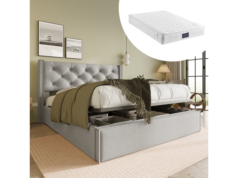  Lit double rembourré 140x200cm avec sommier métallique, coffre hydraulique et matelas, gris clair  - Conforama E