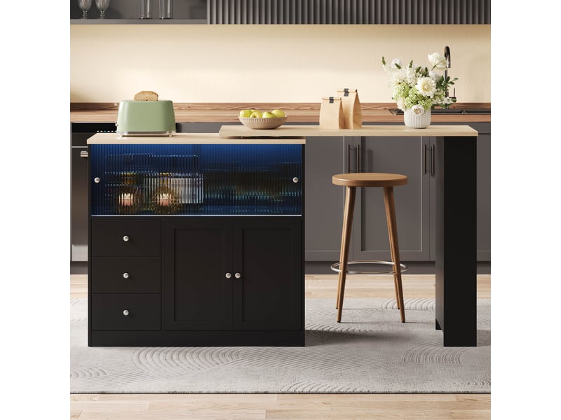  Îlot de cuisine 172x40x96 cm extensible avec rangement et led noir et bois naturel  - Conforama E