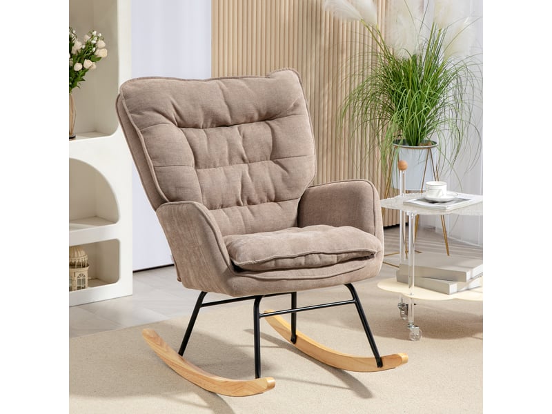  Fauteuil à bascule, assise large, dossier haut, structure en hêtre, jusqu'à 120 kg, marron  - Conforama D