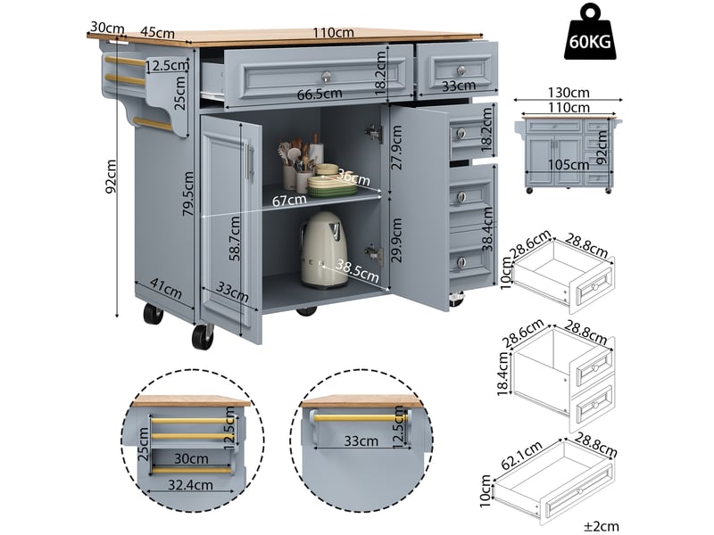 Desserte de cuisine 110 x 45-75 x 92 cm bleu bébé, mdf et métal, plateau rabattable sur roulettes - Conforama C