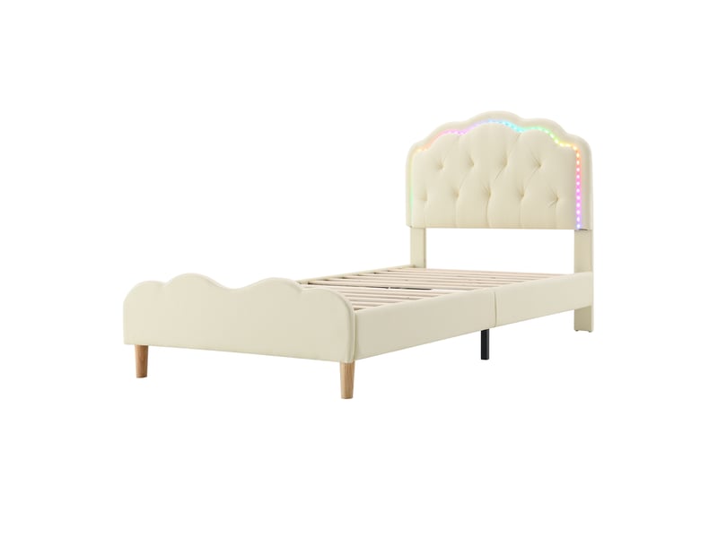  Lit capitonné, tête de lit ondulée avec barre de tension, bandes led multicolores à couleurs changeantes, lit enfant à lattes en bois, lit simple, pu, beige, 90 x 200 cm  - Conforama E