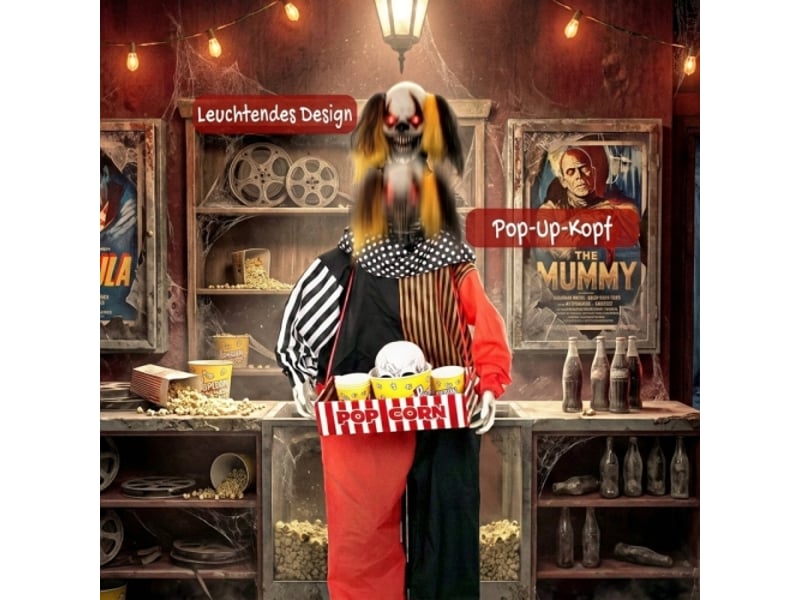  Clown popcorn halloween animé: tête qui tourne vite, sons effrayants, musique foraine, yeux lumineux – décoration maison  - Conforama E
